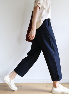 艺间出品日系宽松文艺纯棉直筒中高腰长裤百搭女2025早春深蓝