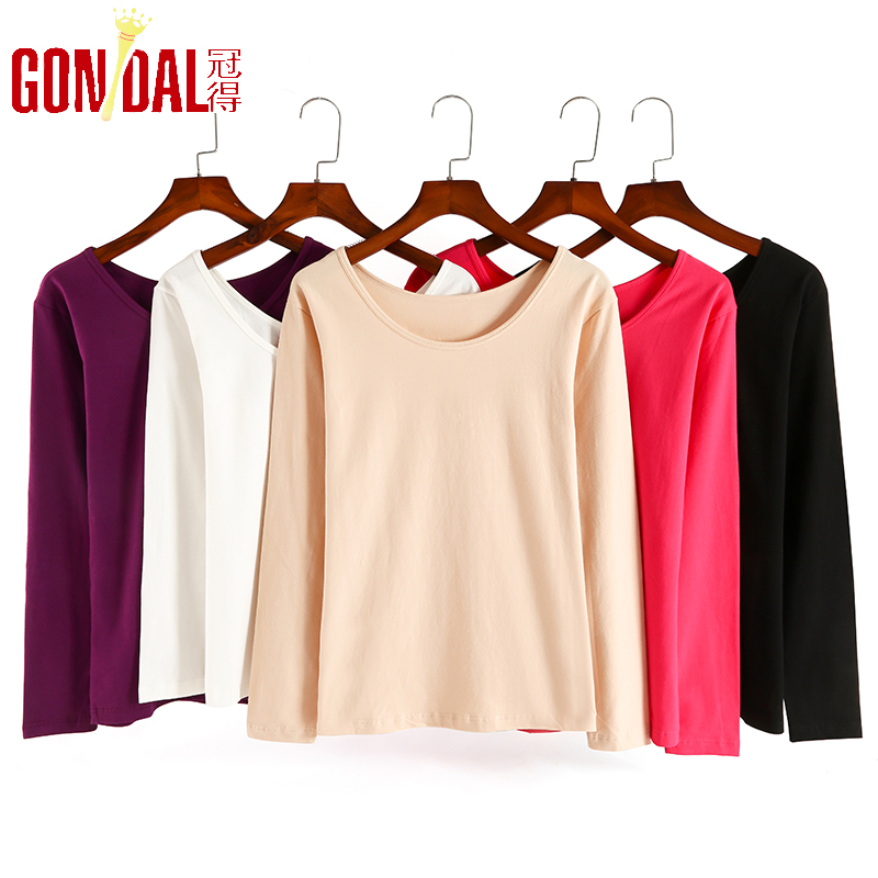 冠得正品保暖内衣薄款纯棉圆领加大码女士秋衣秋裤打底衫单件上衣