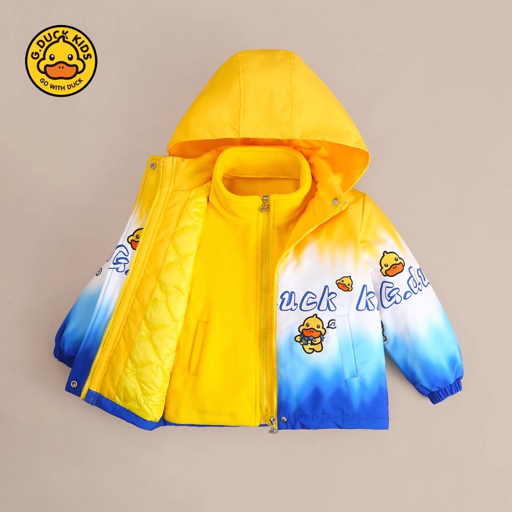 正品小黄鸭儿童三合一冲锋衣秋冬夹棉外套男童女童防水童装两件套
