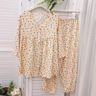 清小码棉绸睡衣女夏季薄款七分袖九分裤人造棉家居服套装对襟凉快