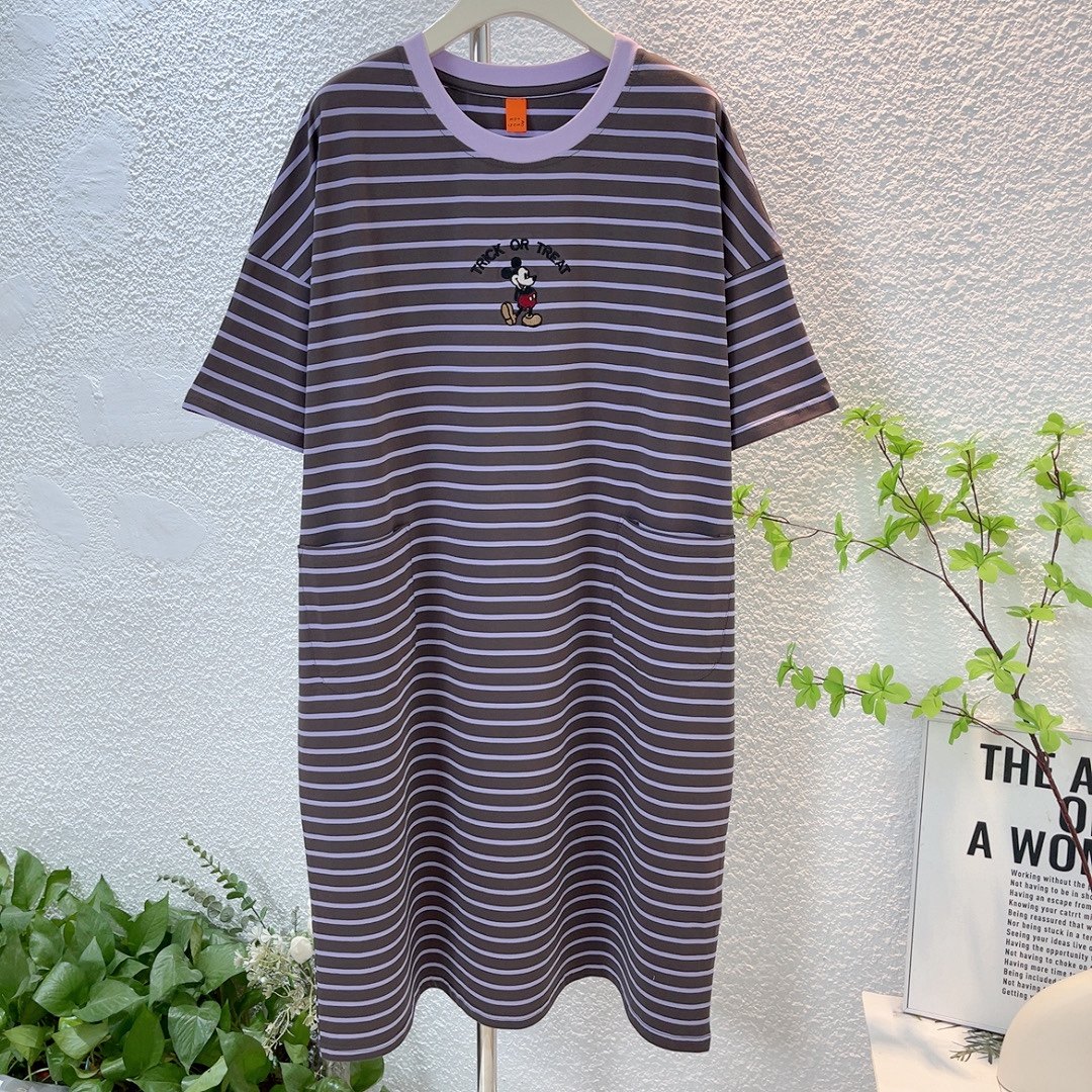 纯棉睡裙女短袖慵懒风大码家居服中长款条纹韩版圆领宽松春夏季