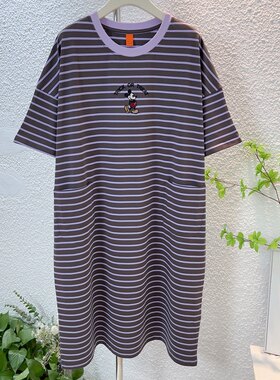 薄棉睡裙女短袖慵懒风大码家居服中长款条纹韩版圆领宽松春夏季