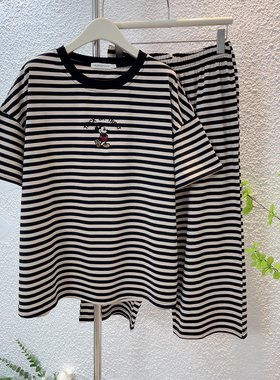 纯棉大码短袖八分裤睡衣套装女春夏季薄款宽松胖mm家居服条纹弹力