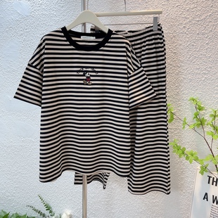 短袖 薄款 八分裤 女春夏季 宽松胖mm家居服条纹弹力 睡衣套装 纯棉大码