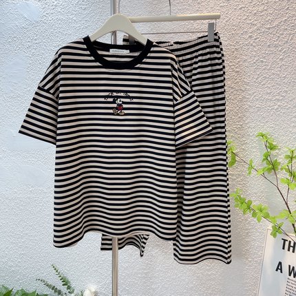纯棉大码短袖八分裤睡衣套装女春夏季薄款宽松胖mm家居服条纹弹力