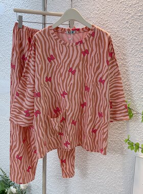 纯棉8分袖长裤睡衣套装女春秋季薄款大码宽松家居服圆领斑马纹新