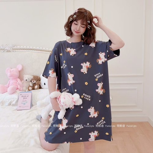 纯棉短袖睡裙女夏季薄款卡通大码慵懒风家居服短裙200斤韩版宽松