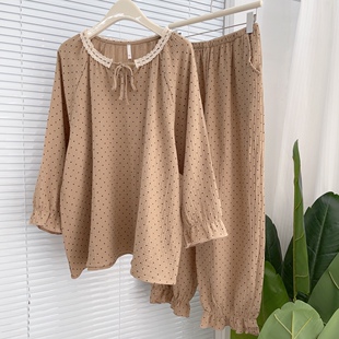 大码双层纱睡衣套装女纯棉长袖花边胖mm家居服春秋季200斤