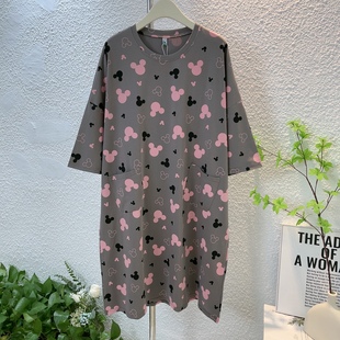 慵懒风中裙胖MM家居服红色卡通圆领薄款 睡裙女纯棉7分袖 宽松大码