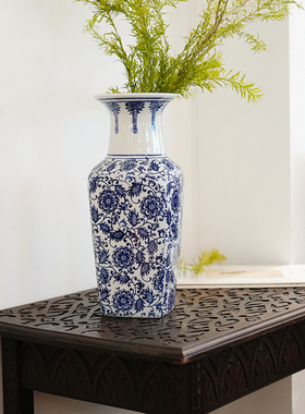 14寸六角太阳花青花瓷瓶满绘釉下彩居家装饰摆件客厅玄关花瓶