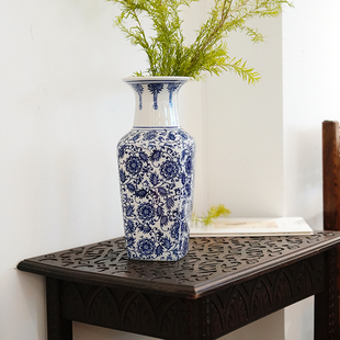 14寸六角太阳花青花瓷瓶满绘釉下彩居家装 饰摆件客厅玄关花瓶