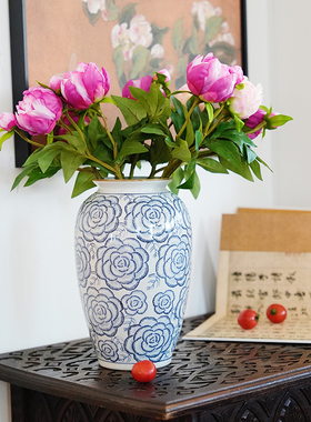 11寸牡丹萝卜青花瓷瓶居家花艺装饰摆件客厅玄关插花创意花器
