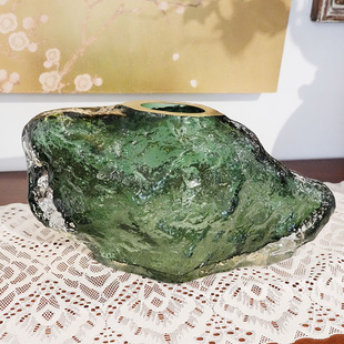 新款 古法琉璃工艺创意凹凸不平岩石造型精美山石绿花瓶摆件