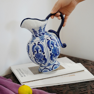 复古美式 饰摆件入户玄关水培插花器 鹰嘴青花瓷瓶家用客厅装