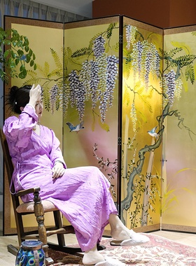 手工绘制金箔紫藤花鸟屏风客厅茶室装饰艺术摆件可折叠隔断背景墙