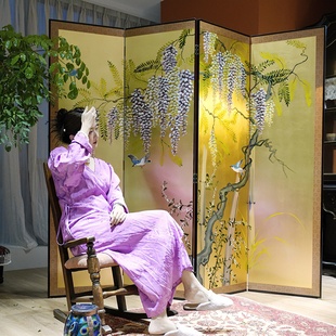 手工绘制金箔紫藤花鸟屏风客厅茶室装 饰艺术摆件可折叠隔断背景墙