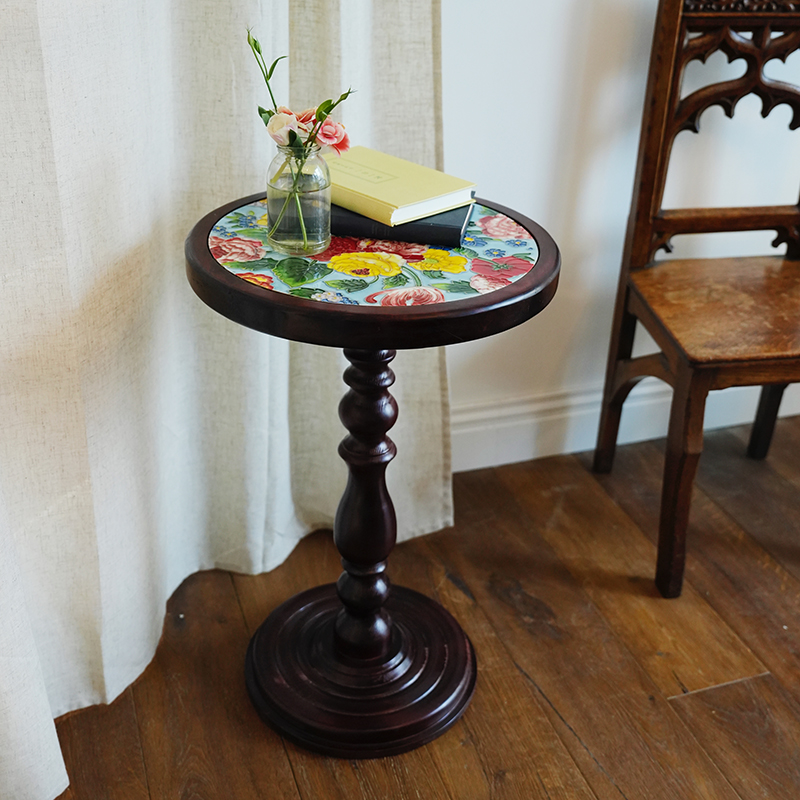 非遗手绘瓷板桌圆形榆木桌几
