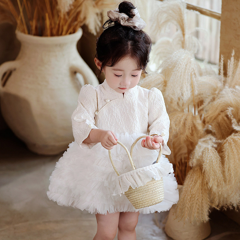周岁女宝礼服秋冬生日宴抓周衣服白中式婴儿童蓬蓬裙子女童公主裙