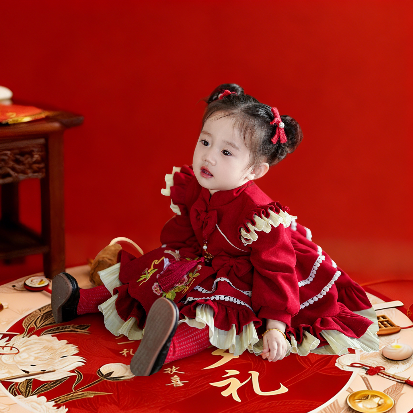 周岁女宝宝礼服2026抓周宴中式衣服红色生日婴儿连衣裙女童公主裙