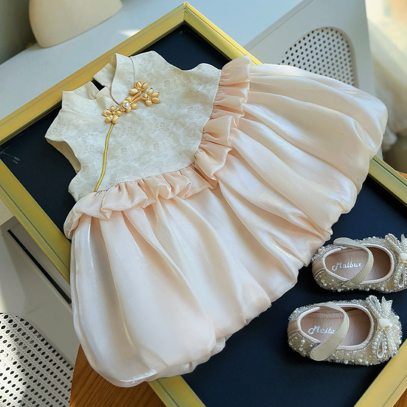 周岁女宝礼服中式薄款花苞裙女童国风抓周宴衣服生日婴幼儿公主裙