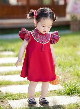 周岁女宝礼服夏抓周宴红色旗袍中国风套装生日中式衣服婴儿公主裙