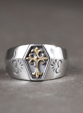 S925银复古做旧金色十字花戒指