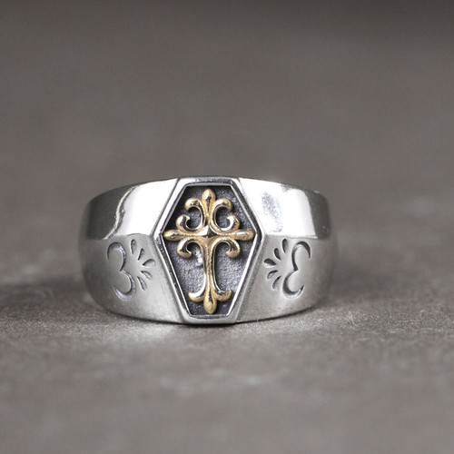 S925银复古做旧金色十字花戒指