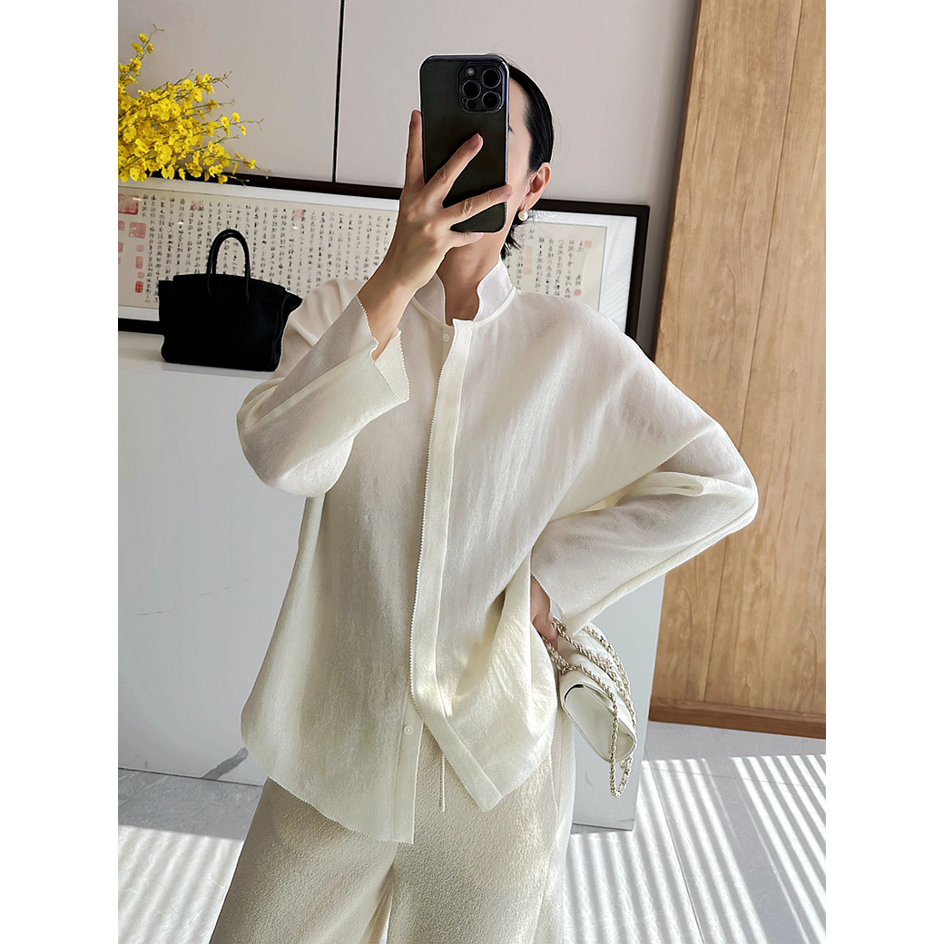 C4656 时尚巴黎的老店 质感与仙气!拼接欧根纱立领 羊毛长袖衬衫