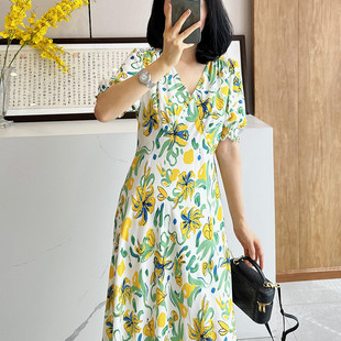 C3225黄绿花V领裙 25年回馈清仓不退不换 原490元
