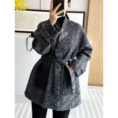 C4829 时尚巴黎的老店 高货 巨美有品位 羊毛圈圈绒 拼皮系带大衣