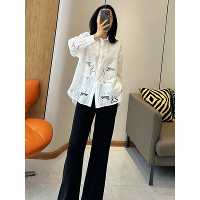 C4545时尚巴黎的老店 高档质感 大气腔调 重工丝绵刺绣镂空白衬衫