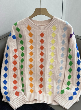 C4717 时尚巴黎的老店 爆好看 彩色菱格纹 圆领羊绒衫 宽松毛衣女