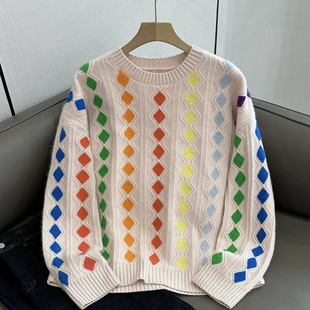 C4717 时尚巴黎的老店 爆好看 彩色菱格纹 圆领羊绒衫 宽松毛衣女