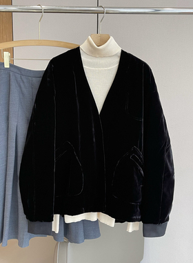 C4664 时尚巴黎的老店 休闲贵气感！真丝丝绒 V领夹克外套 棉衣女