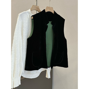 C4855 时尚巴黎的老店 超赞 洋气撞色 优雅黑 真丝丝绒新中式马夹