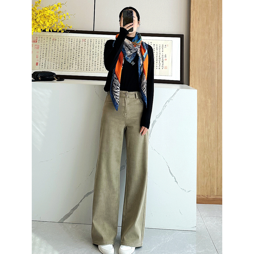 C4785 原厂货 超柔软 KK自留 黑卡其 女士微阔直筒长裤薄绒牛仔裤