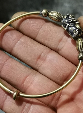 古玩收藏精品天然黄铜鎏金貔貅手镯,包浆醇厚,品相完好不掉色招财