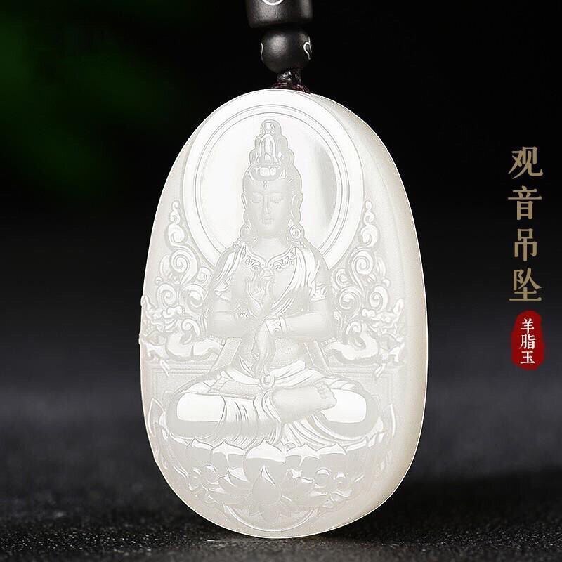 天然和田玉坐莲观音吊坠白玉男款观世音菩萨挂件平安玉牌玉佩玉坠