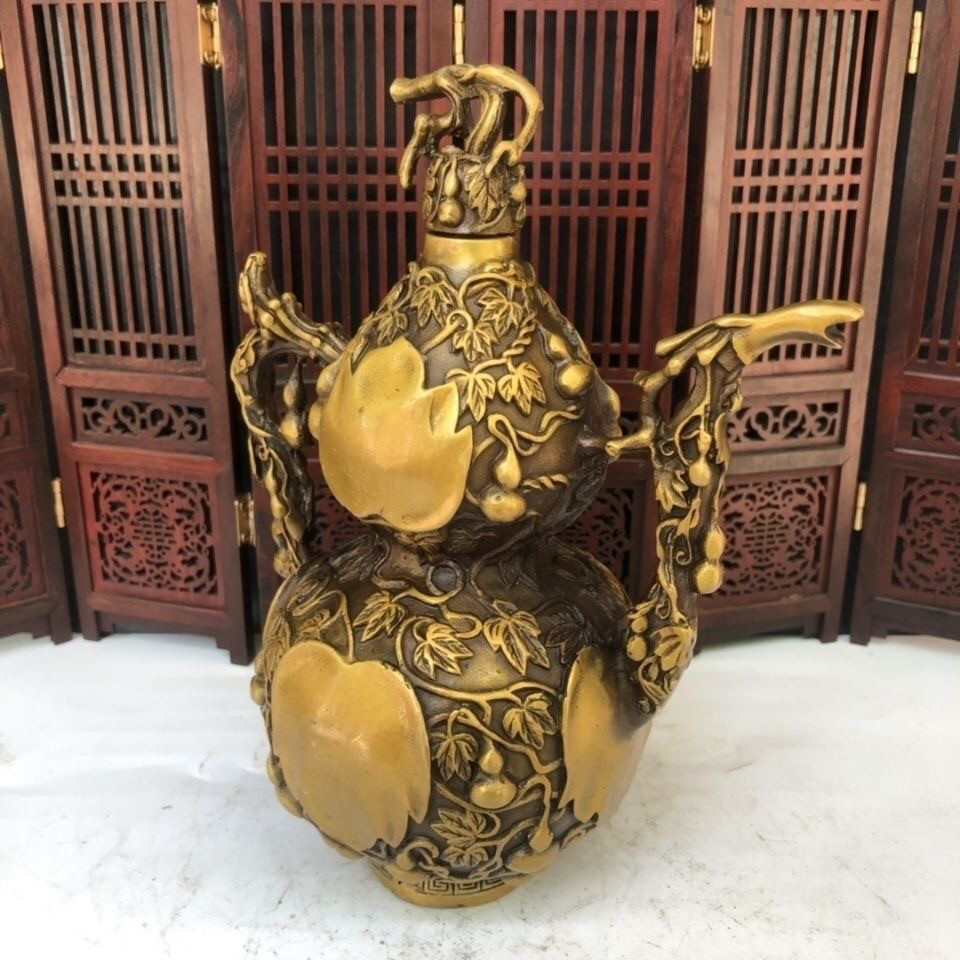 古玩收藏纯铜葫芦酒壶摆件 仿古黄铜葫芦茶壶摆件