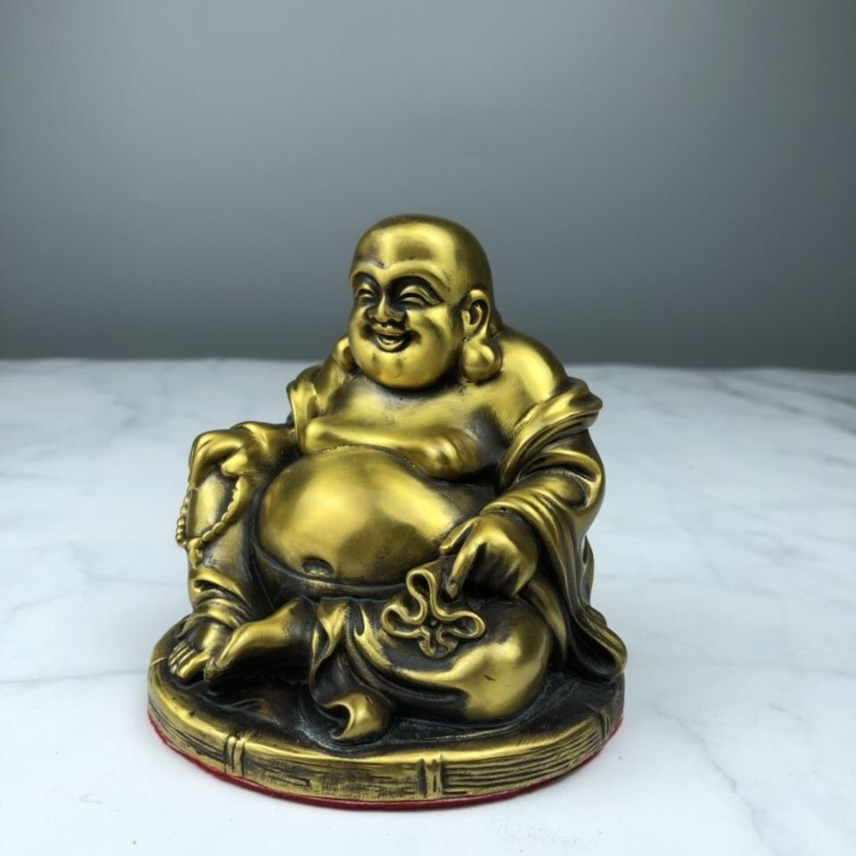 精工铜器小弥勒佛坐像摆件 古玩铜器收藏黄铜笑佛 做工精细