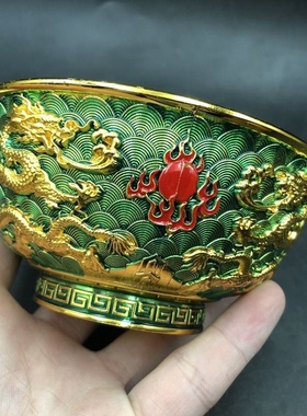 古玩收藏大清乾隆年制景泰蓝双龙戏珠铜鎏金碗仿古家居装饰品摆件