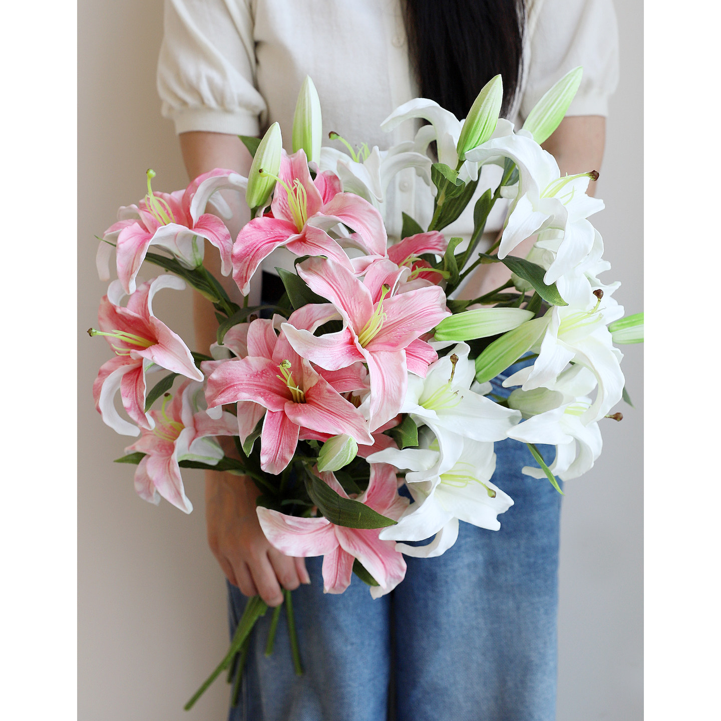 3头A级保湿手感大百合仿真PU花束爆款假花品质高仿真