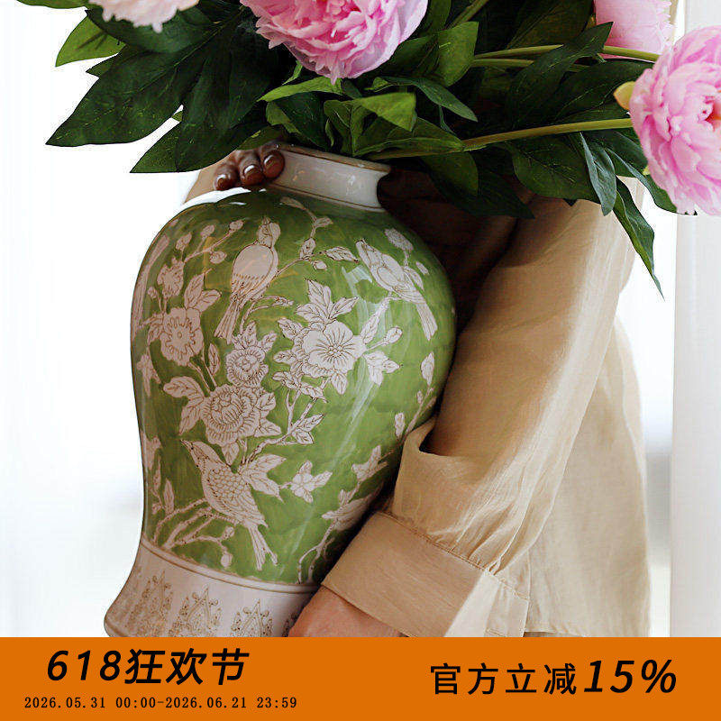 芙菡居品梅瓶手绘“浮生若梦”青花彩瓷花瓶水培鲜花摆件