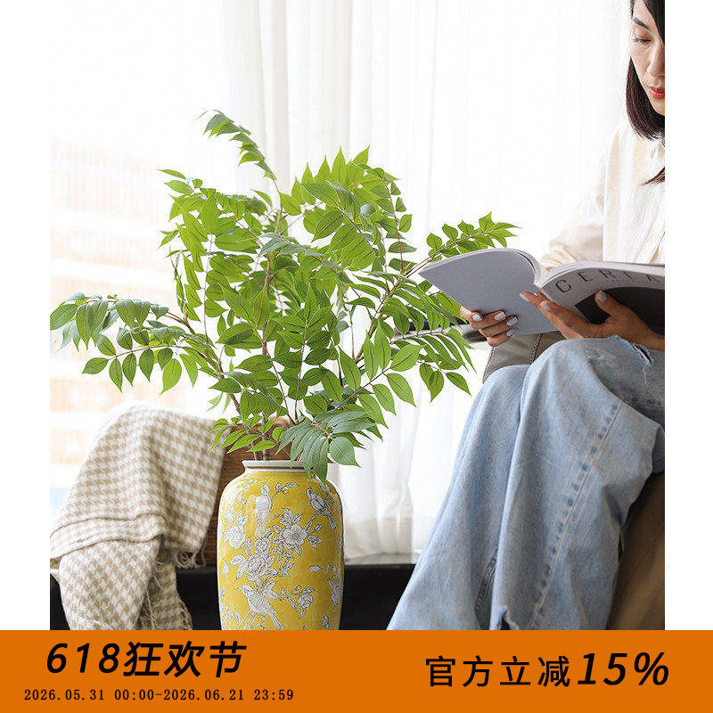 芙菡家居帝王黄《灵雀兆喜》古董藏品手绘釉下彩客厅水培陶瓷花瓶