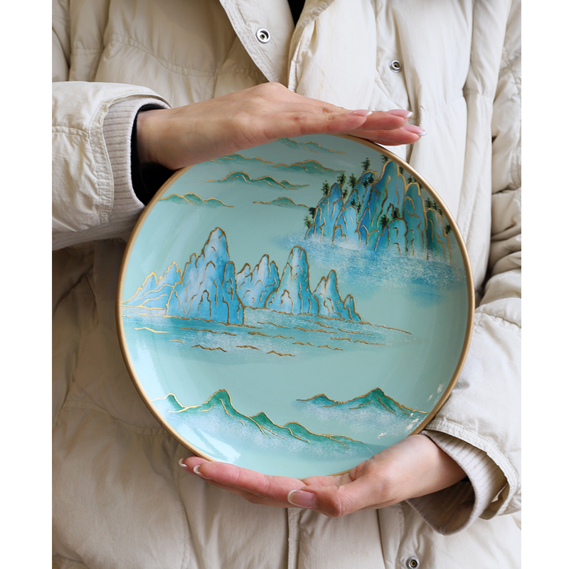 挂盘摆盘青绿国画山水摆件工艺品