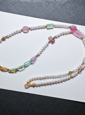 (春节钜惠)原创设计天然碧玺原石方糖雕刻搭珍珠925银非k黄金项链