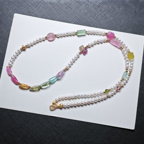 (年底钜惠)原创设计天然碧玺原石方糖雕刻搭珍珠925银非k黄金项链