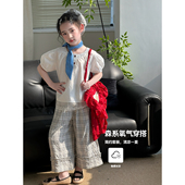 小女孩洋气上衣裤 女童套装 子 儿童短袖 T恤格子阔腿裤 2026夏季 新款