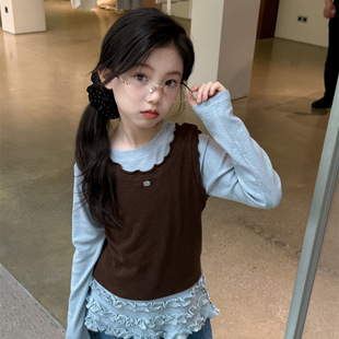 韩版 新款 花边上衣中大童两件套舒适儿童百搭 2025秋季 女童上衣套装