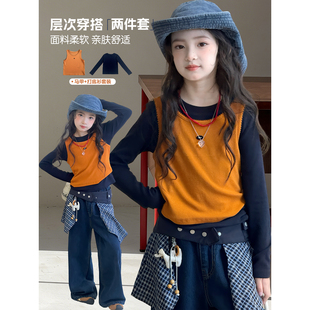女童套装2026秋季新款儿童韩版撞色背心打底衫中童马甲上衣两件套